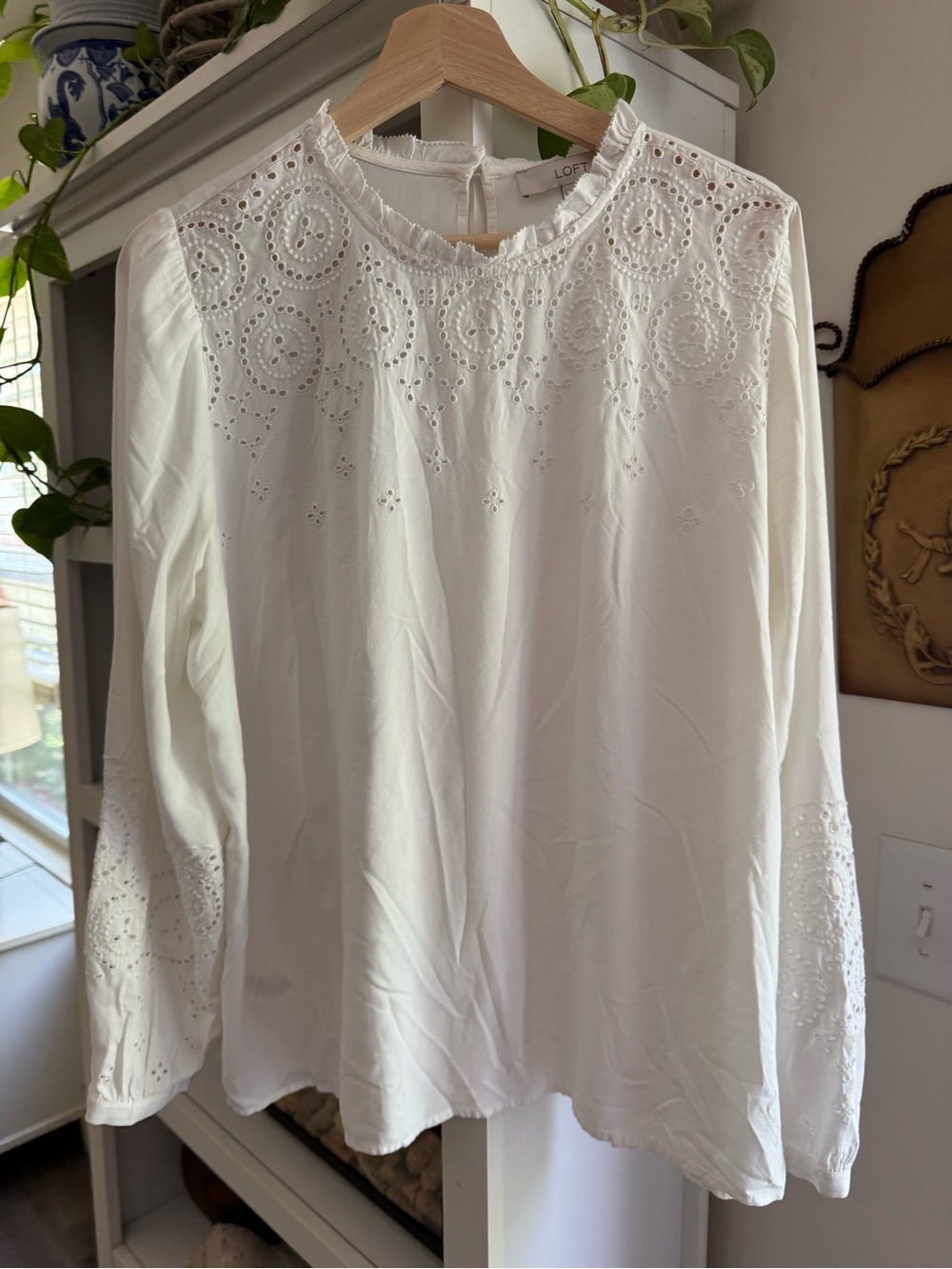 LOFT White Eyelet Yoke Long Sleeve Blouse
